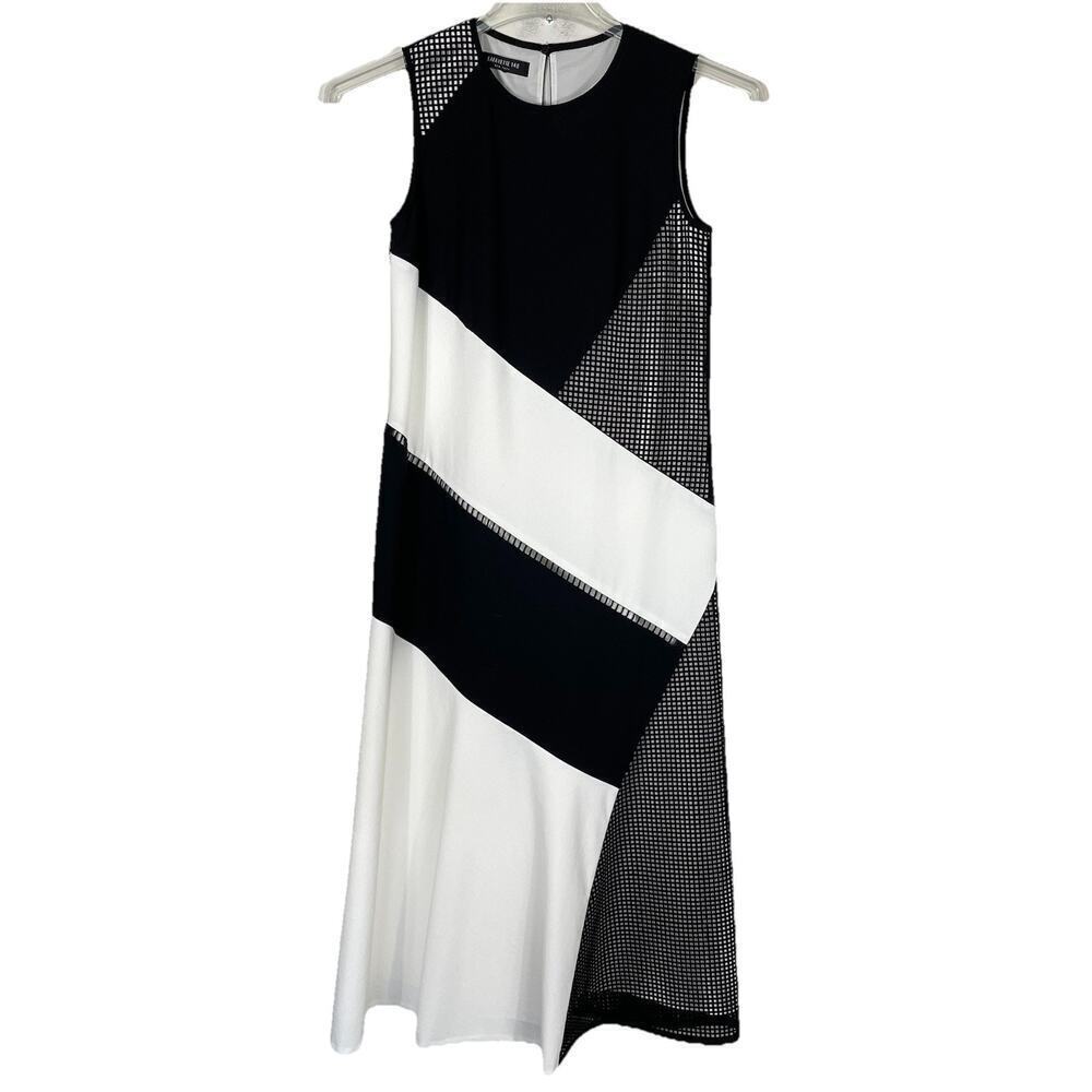 Lafayette 148 New York Midi Dress Size Small Black Nuri Laser-Cut Color-Block